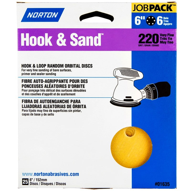 Norton Hook & Sand Series 07660701635 Vacuum Disc, 6 in Dia, P220 Grit, Very Fine, Aluminum Oxide Abrasive, 6-Hole