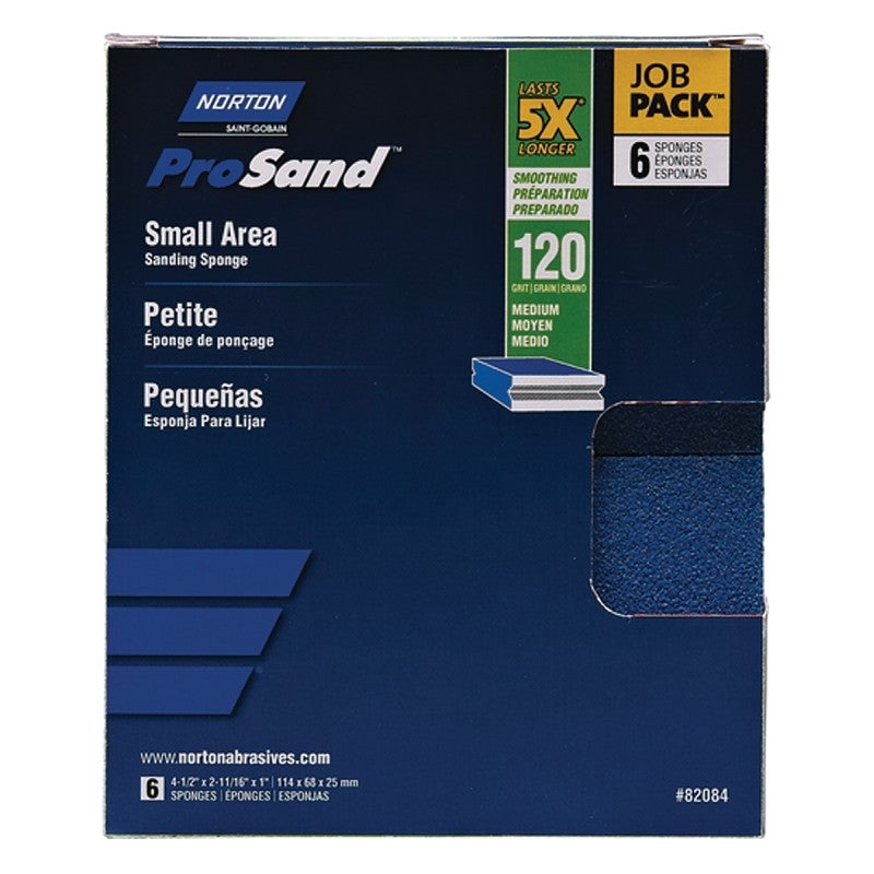 Norton ProSand 82084 Sanding Sponge, 4-1/2 in L, 2-11/16 in W, 120 Grit, Medium, Aluminum Oxide Abrasive