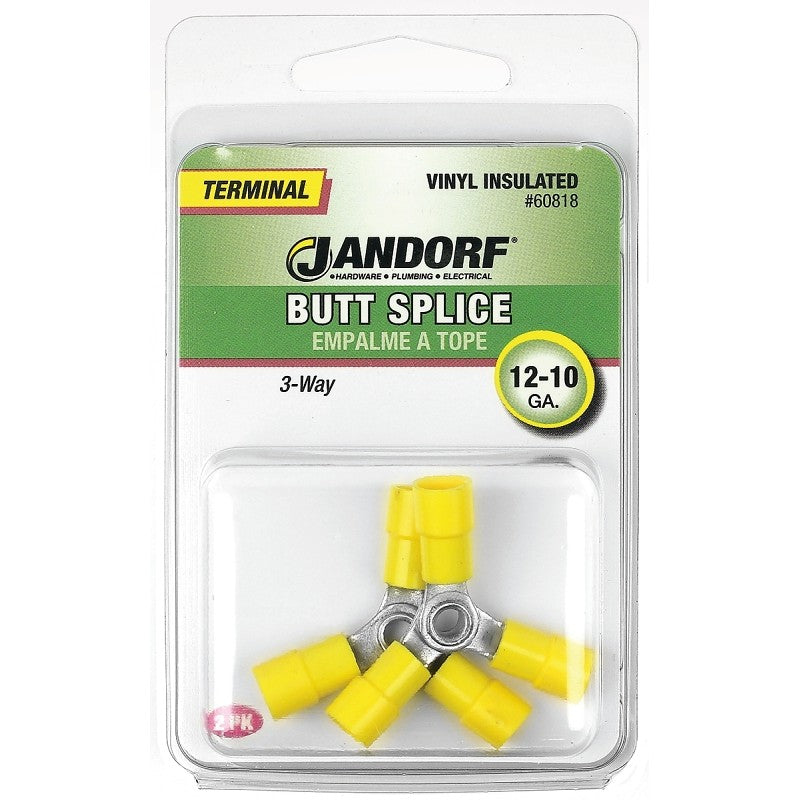 Jandorf 60818 Butt Splice Connector, 12 to 10 AWG Wire, Vinyl Insulation, Copper Contact, Yellow, Tin, 2/PK