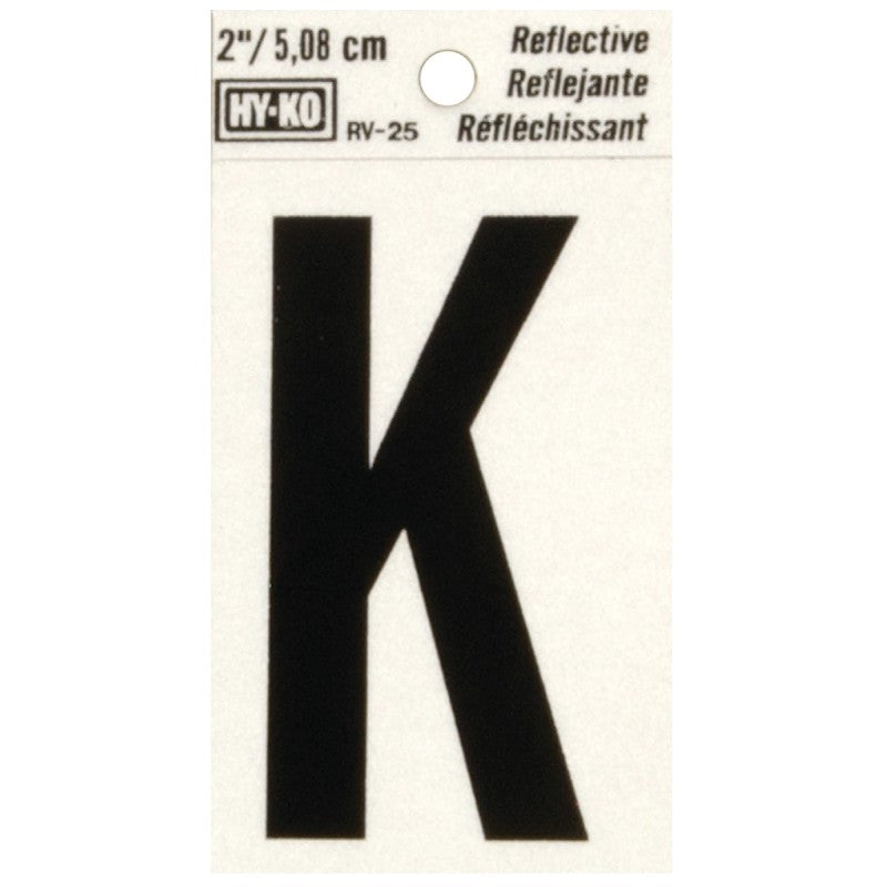 Hy-Ko RV-25/K Reflective Letter, 1-1/2 in W x 3 in H Dimensions, Character: K, 2 in H Character, Black Character, Vinyl (Pack of 10)