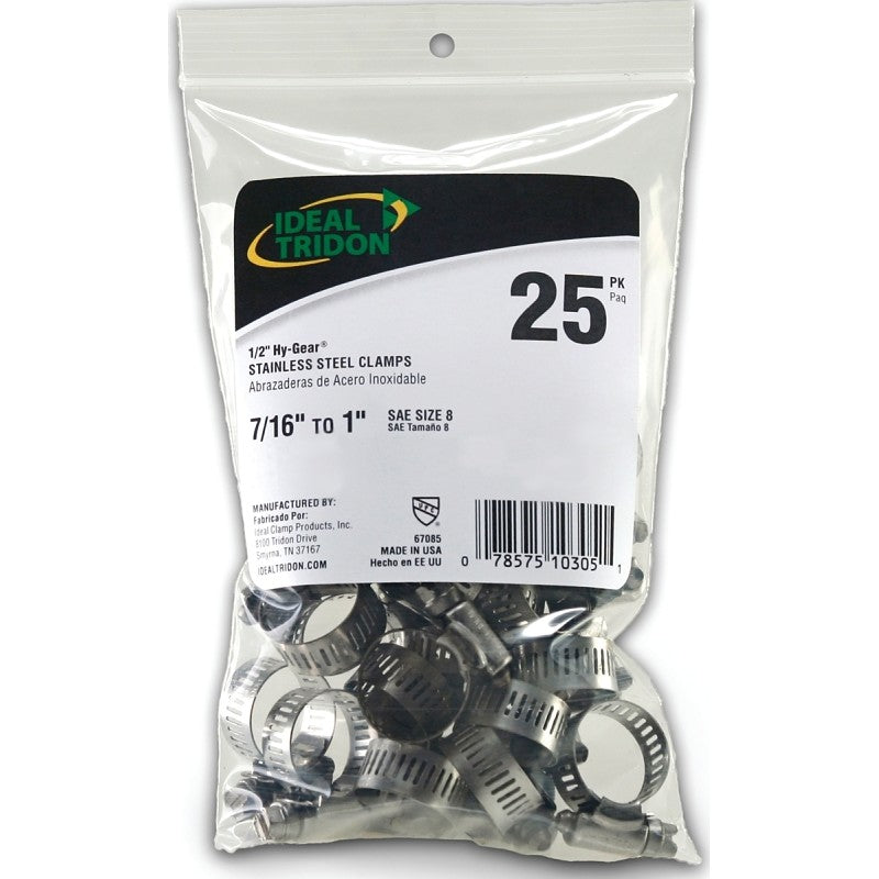 Ideal-Tridon Hy-Gear 67-6 Series 6708550 Worm Gear Hose Clamp, #8, 7/16 to 1 in, Stainless Steel