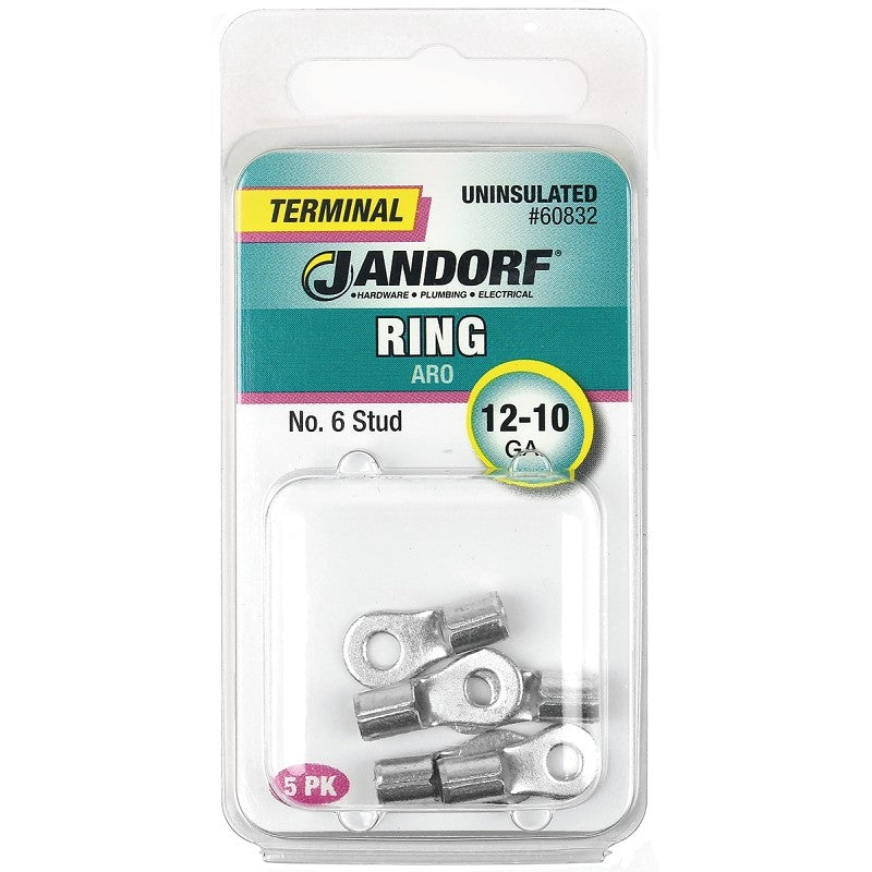 Jandorf 60832 Ring Terminal, 12 to 10 AWG Wire, #6 Stud, Copper Contact