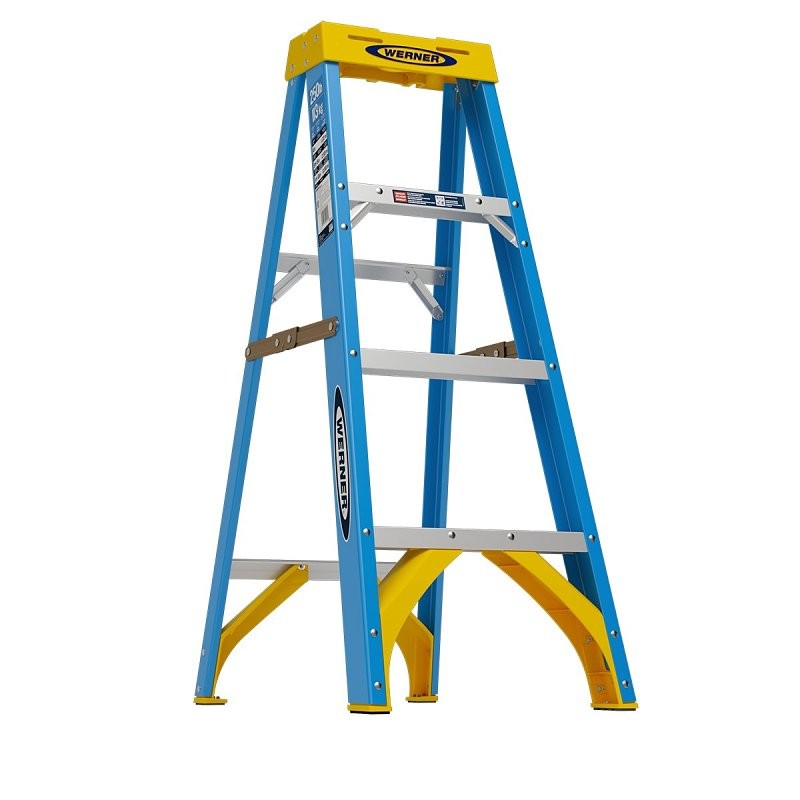 Werner 6000 Series 6004 Step Ladder, 4 ft H, Type IAA Duty Rating, Fiberglass/Metal/Rubber/Steel, 250 lb, 3-Step