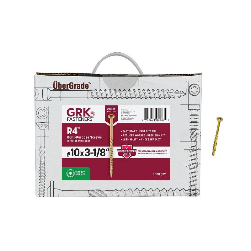 GRK Fasteners R4 00137 Framing and Decking Screw, #10 Thread, 3-1/8 in L, Round Head, Star Drive, Steel, 1500 BX