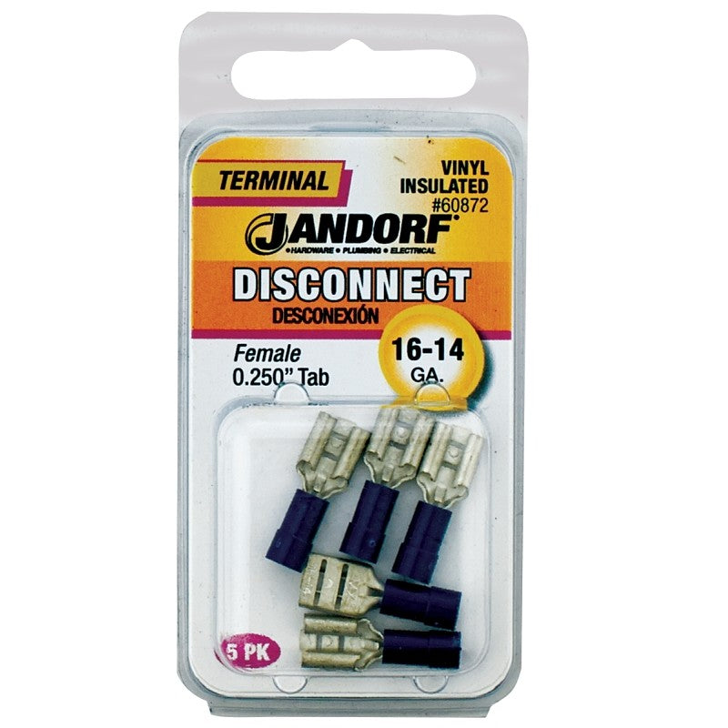 Jandorf 60872 Disconnect Terminal, 16 to 14 AWG Wire, Vinyl Insulation, Copper Contact, Tin, Blue, 5/PK