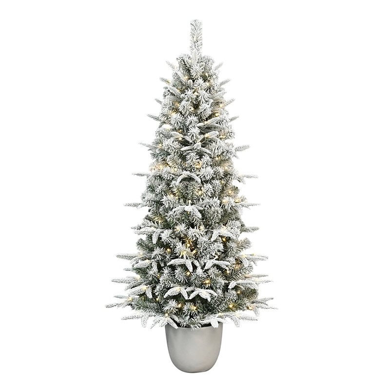 Puleo Asia Limited 301-5196-STF50LW150-CUL Norway Flocked Potted Tree, 5 ft H, Spruce Family, LED, Warm White Light