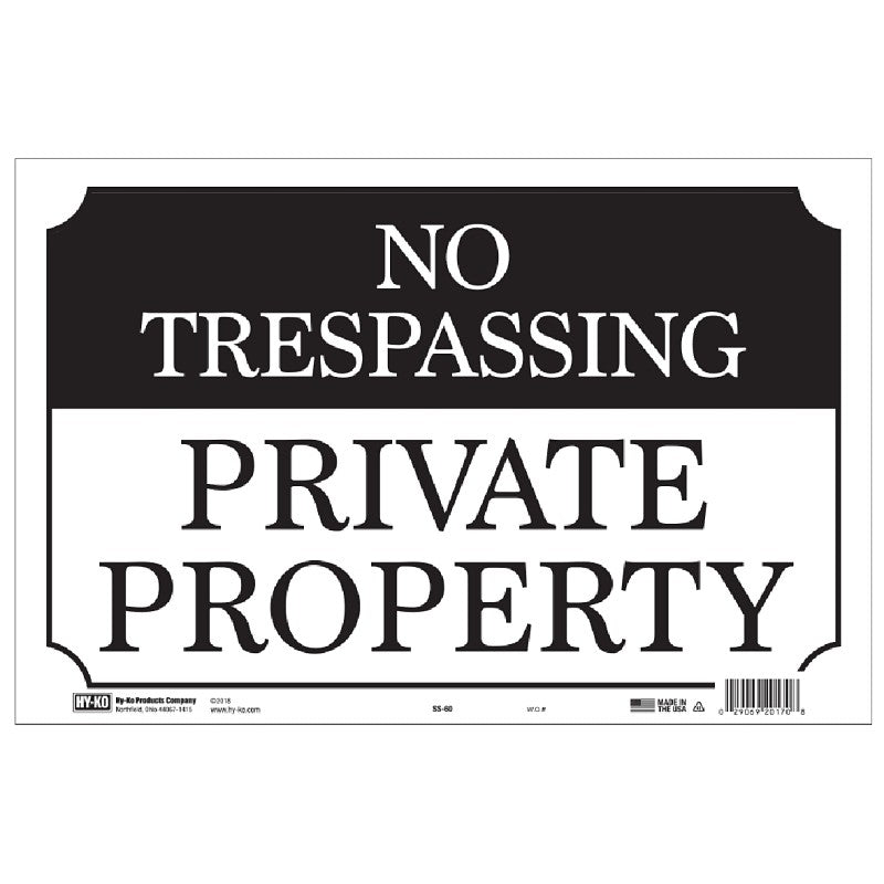 Hy-Ko SS-60 Property Sign, NO TRESPASSING PRIVATE PROPERTY, Black/White Legend, Black/White Background, Aluminum (Pack of 12)