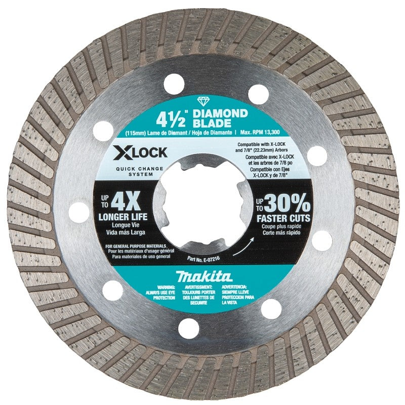 Makita X-LOCK E-07216 Series Blade, Diamond Blade, 4-1/2 in Dia, 7/8 in Arbor, Turbo Rim