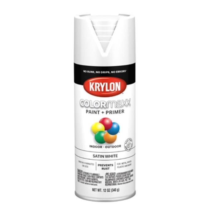 Krylon K05577007 Enamel Spray Paint, 12 oz Can, 25 sq-ft Coverage Area, Acrylic Base, Satin, White