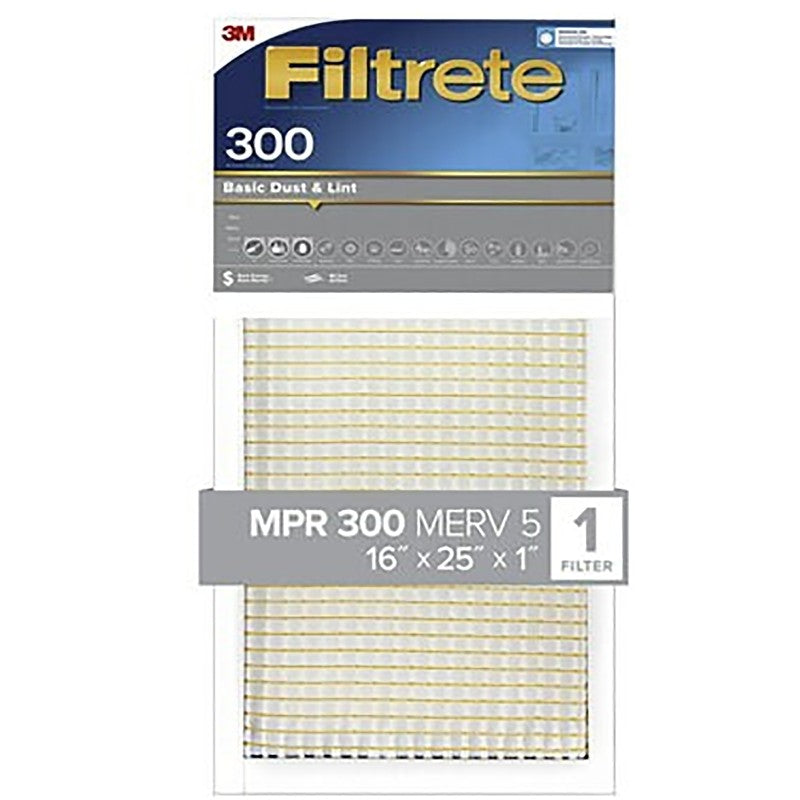 Filtrete 301-4 Air Filter, 25 in L, 16 in W, 5 MERV, 300 MPR, For: Air Conditioner, Furnace and HVAC System (Pack of 4)