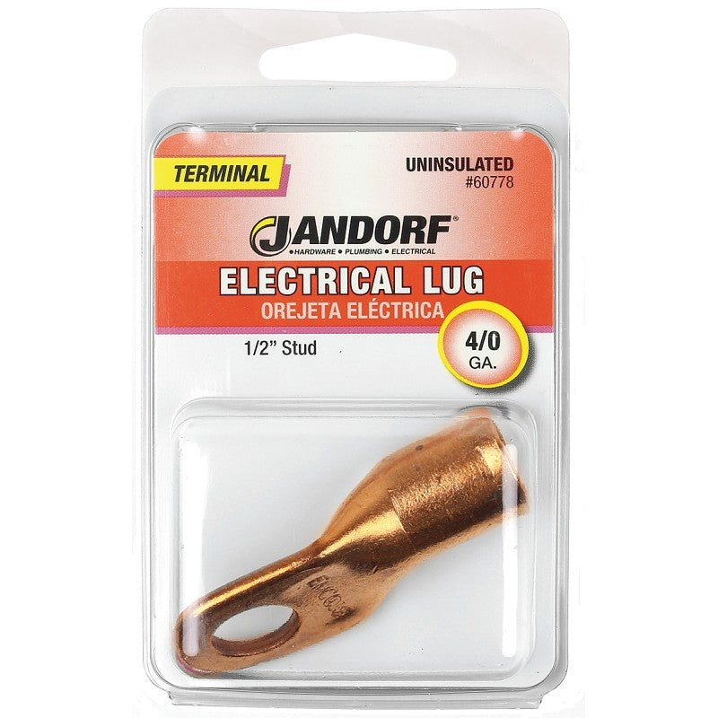Jandorf 60778 Electrical Lug, 4/0 AWG Wire, 1/2 in Stud, Copper Contact, Brown