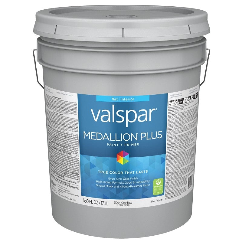 Valspar Medallion Plus 2100 028.0021004.008 Latex Paint, Acrylic Base, Flat Sheen, Clear Base, 5 gal, Plastic Pail
