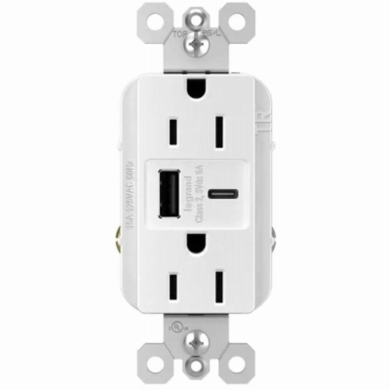 Legrand radiant R26USBAC6WCCV6 USB Wallplate, 15 A, 125 V, Type A, C USB, NEMA: NEMA 5-15R, White