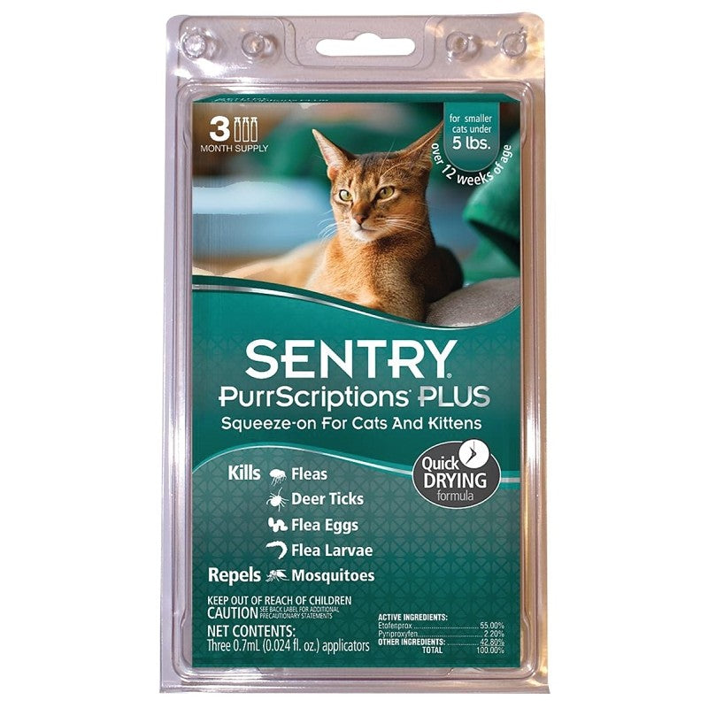 Sentry PurrScriptions Plus 01980 Flea and Tick Squeeze-On, Liquid, Mild Acetate, 3 Count