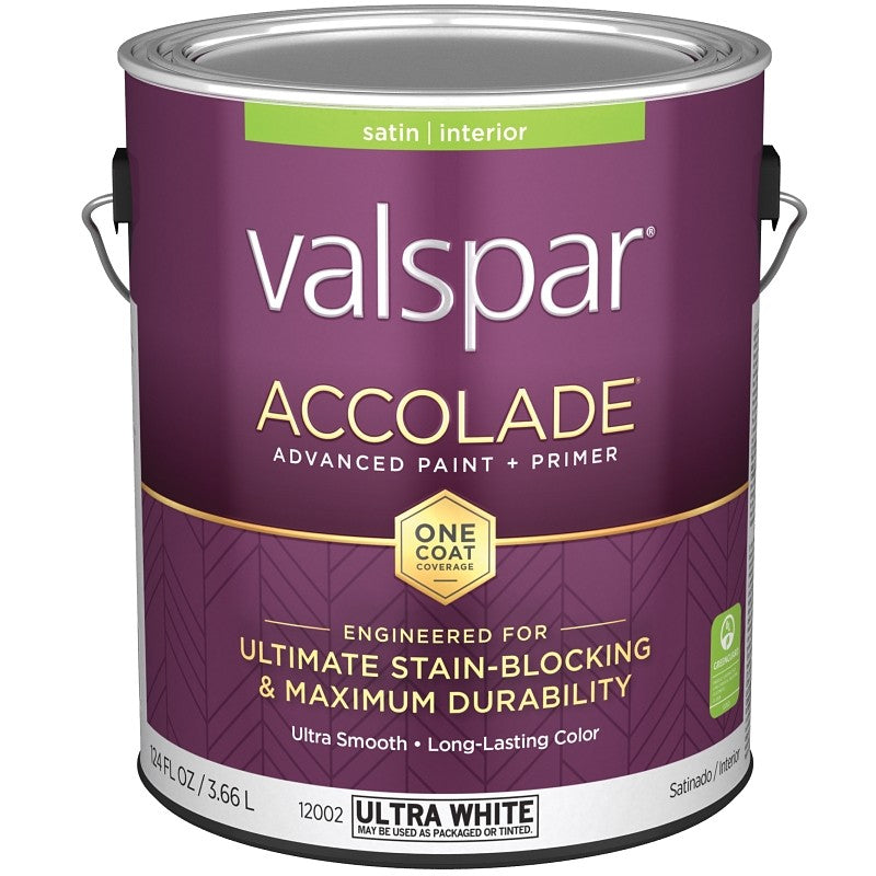 Valspar Accolade 1200 028.0012002.007 Latex Paint, Acrylic Base, Satin, Ultra White, 1 gal, Plastic Can (Pack of 4)