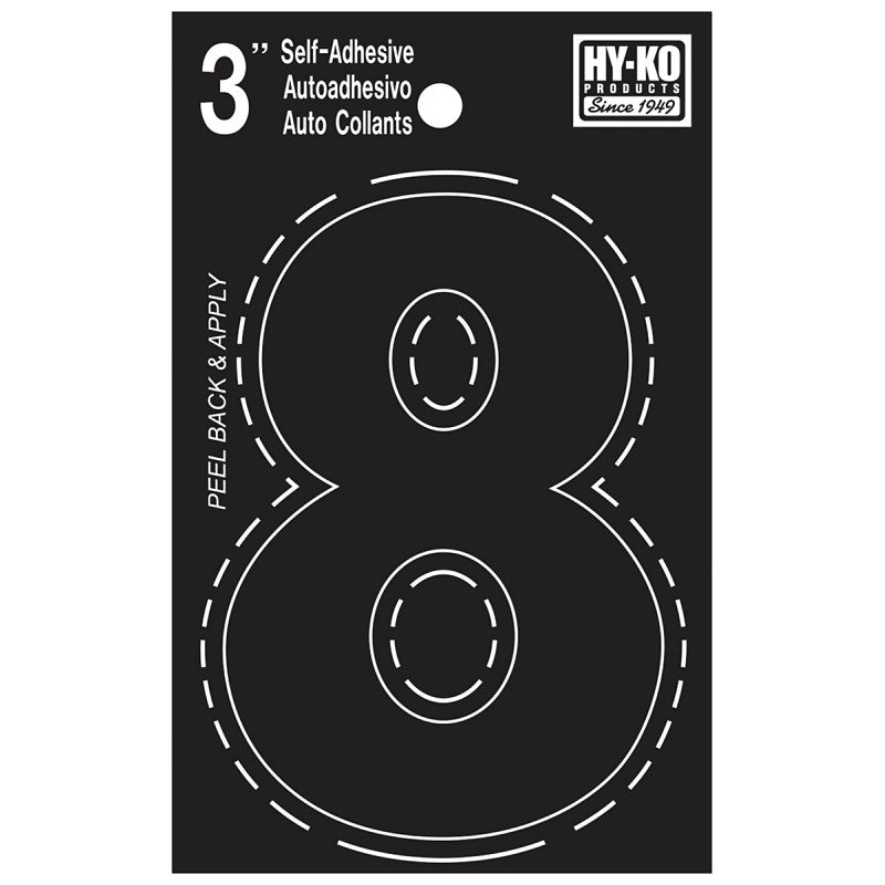 Hy-Ko 30400 Series 30408 Die-Cut Number, Character: 8, 3 in H Character, Black Character, Vinyl (Pack of 10)