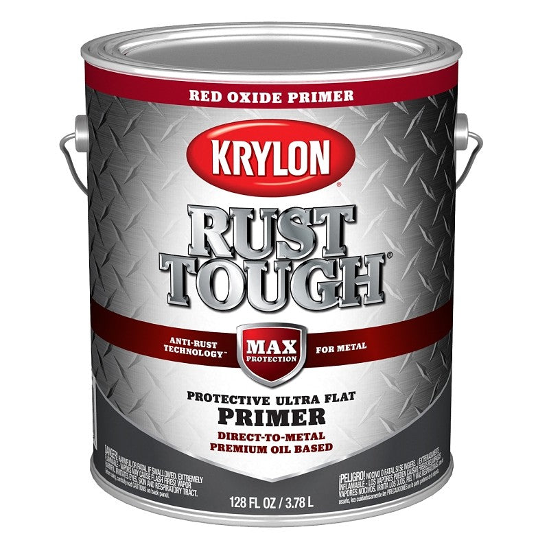 Krylon Rust Tough K09743008 Primer, Ultra Flat, Red Oxide/Rusty Metal, 1 gal (Pack of 4)