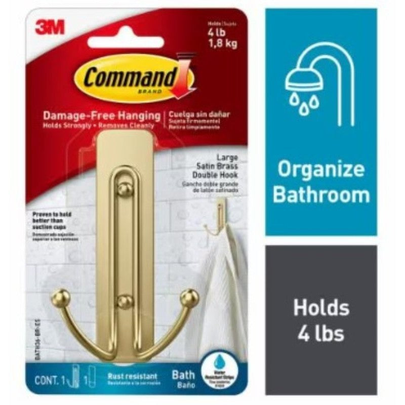 Command BATH36-BR-ES Large Bath Hook, 4 lb, 2-Hook, Metal, Satin Brass