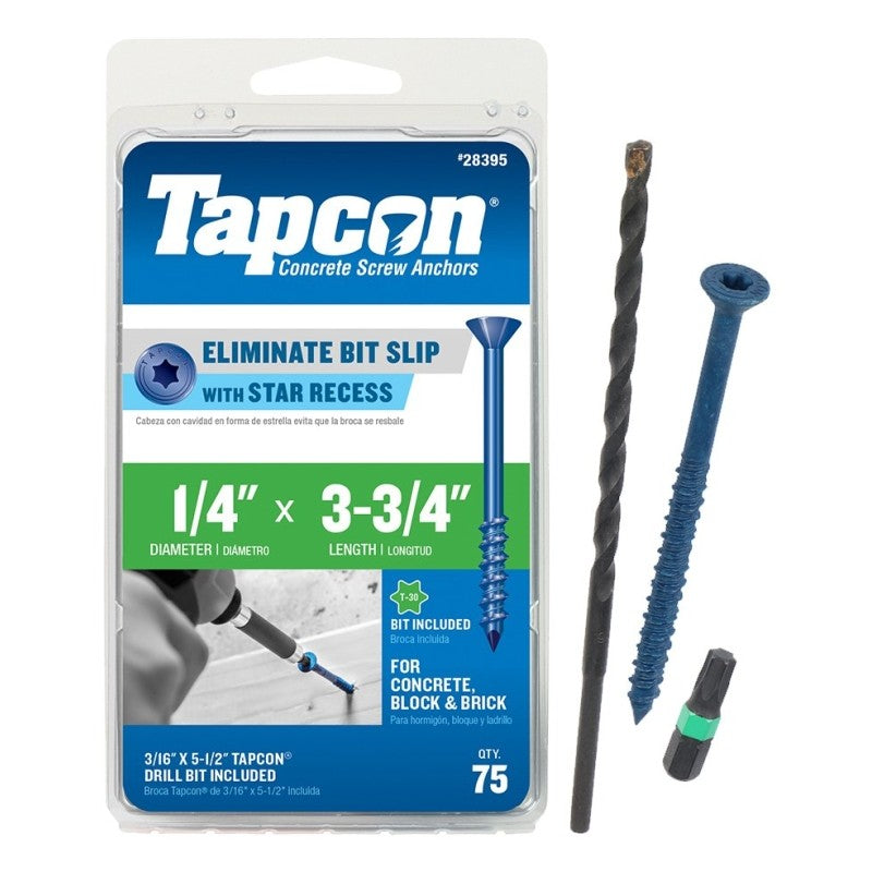 Tapcon 28395 Concrete Screw Anchor, T30 Screw, 1/4 in Dia, 3-3/4 in L, Steel, Climaseal, 75/PK