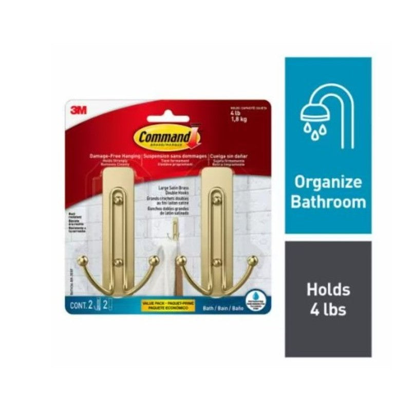 Command BATH36-BR-2ESF Large Bath Hook, 4 lb, 2-Hook, Metal, Satin Brass