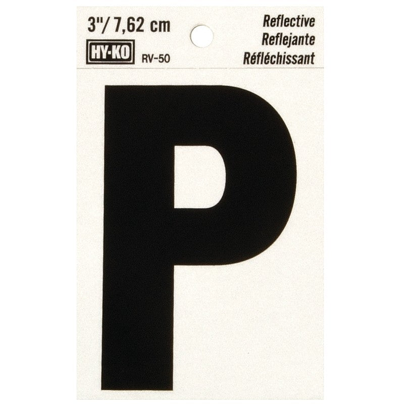Hy-Ko RV-50/P Reflective Letter, 2-1/2 in W x 4 in H Dimensions, Character: P, 3 in H Character, Black Character, Vinyl (Pack of 10)