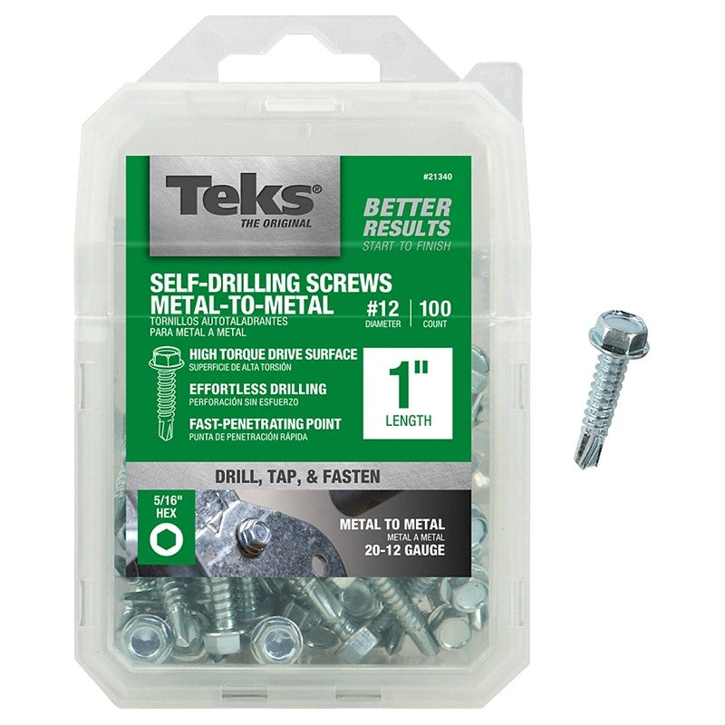 Teks 21340 Screw, #12 Thread, 1 in L, Coarse Thread, Hex Drive, Self-Drilling, Self-Tapping Point, Steel, Zinc, 100 PK