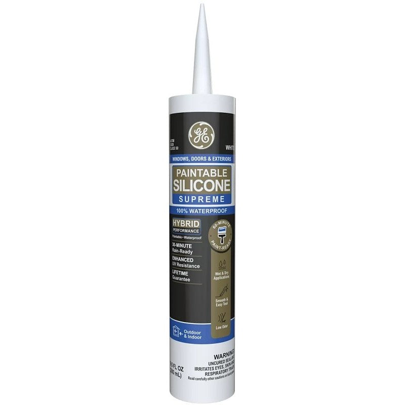 GE Paintable Silicone Supreme 2733730 Window & Door Sealant, White, 24 hr Curing, 9.5 fl-oz Cartridge (Pack of 12)