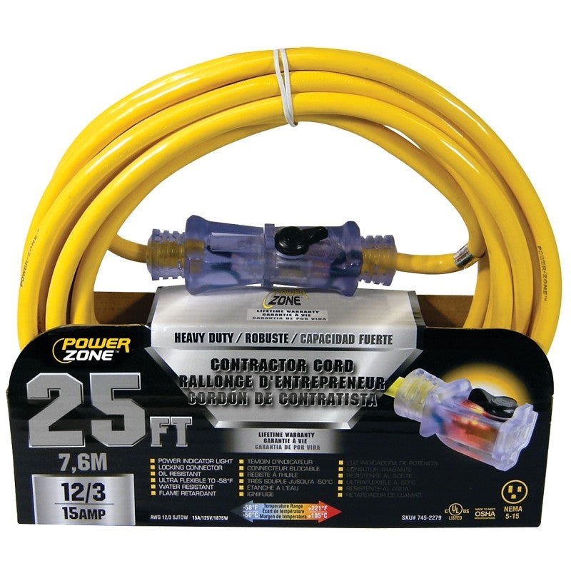 PowerZone ORP511825 Contractor Cord, 12 AWG Cable, 25 ft L, 15 A, 125 V, Yellow