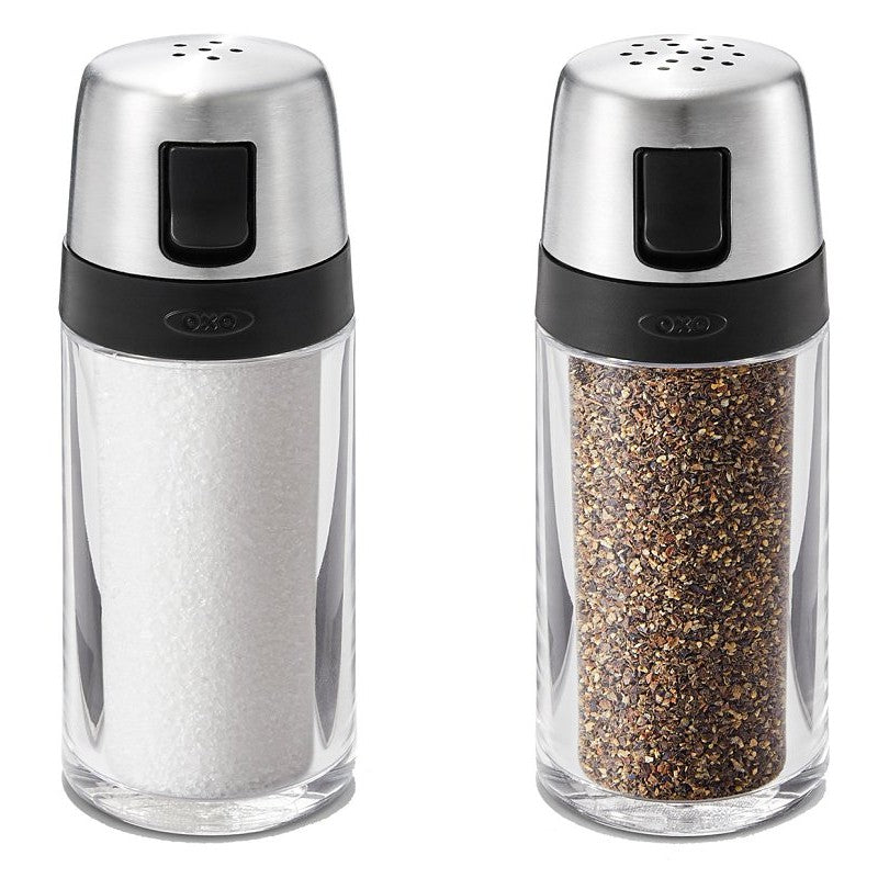 Oxo 1234780 Salt/Pepper Shaker Set, 2 oz Capacity, Plastic/Stainless Steel, Clear