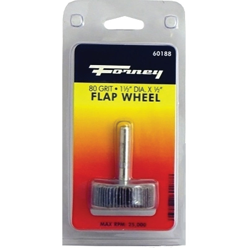 Forney 60188 Flap Wheel, 1-1/2 in Dia, 1/2 in Thick, 1/4 in Arbor, 80 Grit, Aluminum Oxide Abrasive