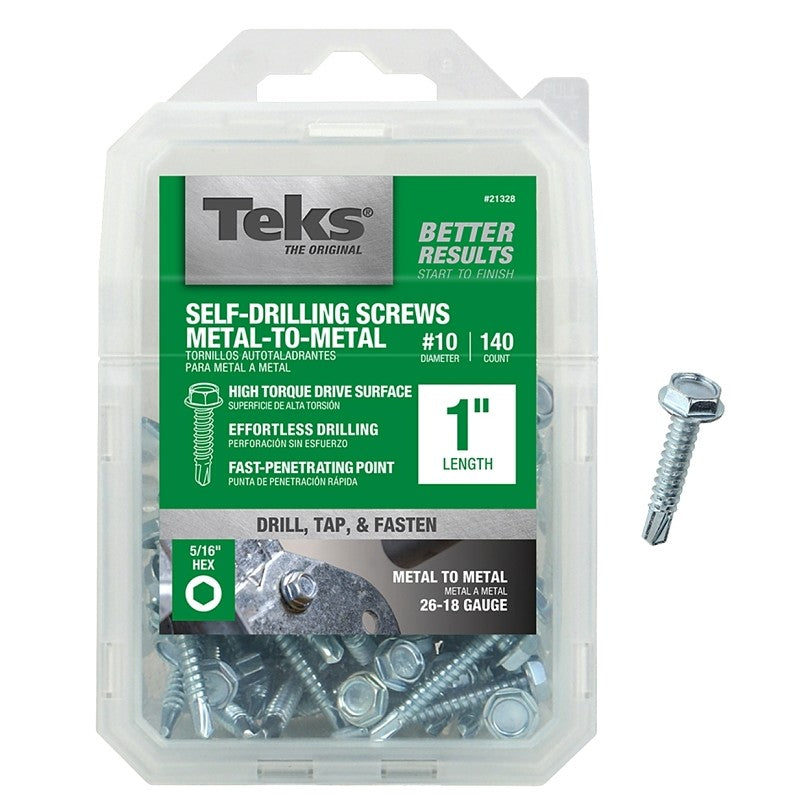 Teks 21328 Screw, #10 Thread, 1 in L, Coarse Thread, Hex Drive, Self-Drilling, Self-Tapping Point, Steel, Zinc, 140 PK