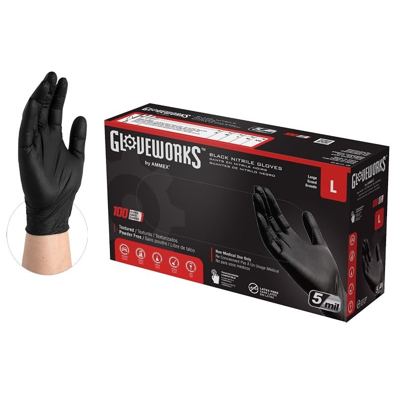 Gloveworks GPNB46100 Non-Sterile Gloves, L, Nitrile, Powder-Free, Black, 13.86 in L