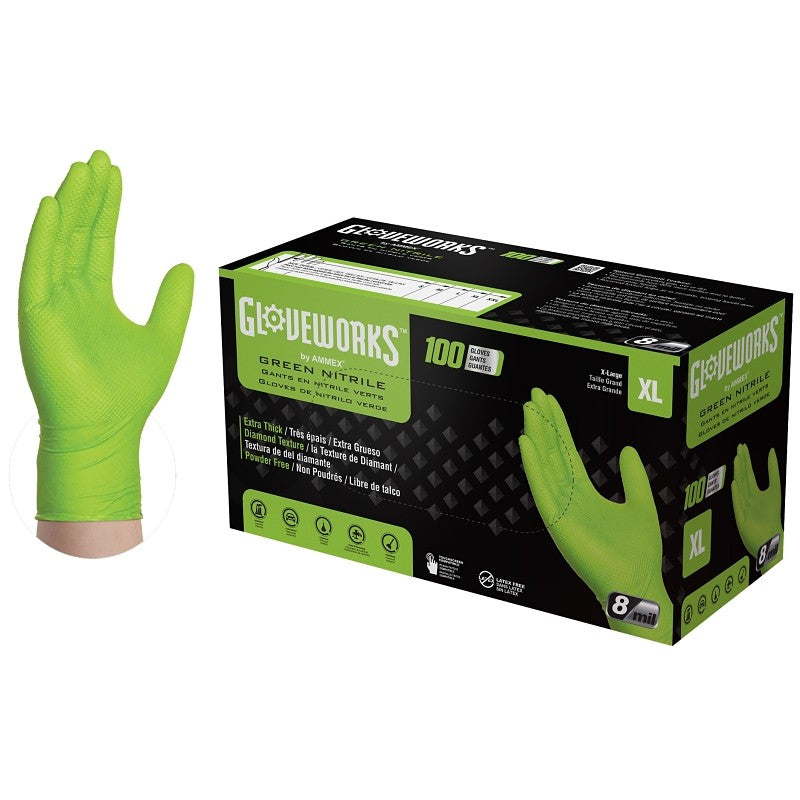 Gloveworks GWGN48100 Heavy-Duty Disposable Gloves, XL, Nitrile, Powder-Free, Green, 9-1/2 in L