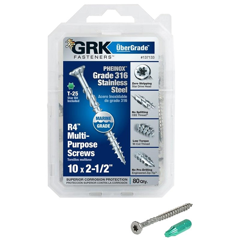GRK Fasteners 137133 Framing and Decking Screw, #10 Thread, 2-1/2 in L, Flat Head, Star Drive, 316 Stainless Steel