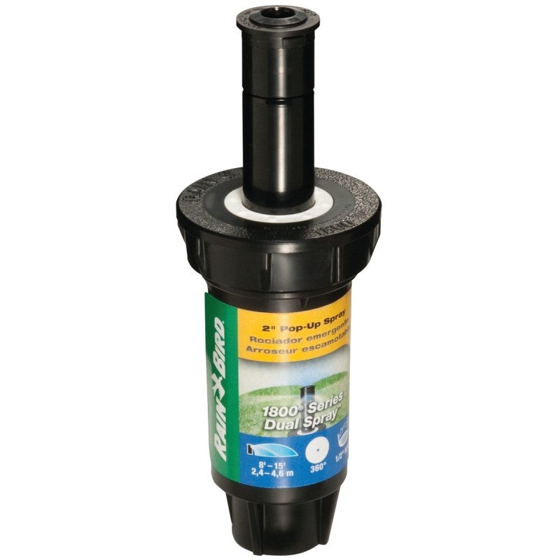 Rain Bird 1802FDS Spray Head Sprinkler, Full-Circle, 0.1 gpm, 1/2 in Connection, FNPT, 8 to 15 ft, Plastic