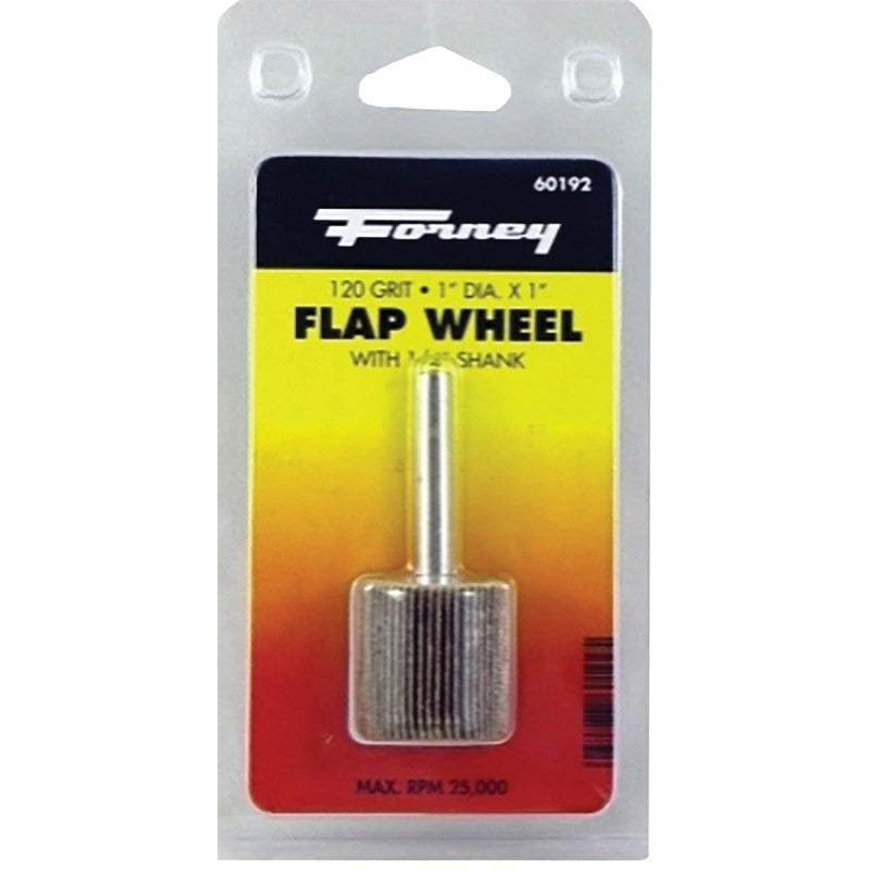 Forney 60192 Flap Wheel, 1 in Dia, 1 in Thick, 1/4 in Arbor, 120 Grit, Aluminum Oxide Abrasive