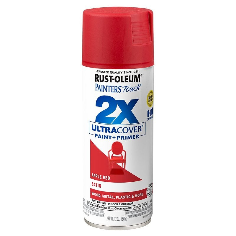 Rust-Oleum Painter's Touch 2X Ultra Cover 334094 Spray Paint, Satin, Apple Red, 12 oz, Aerosol Can