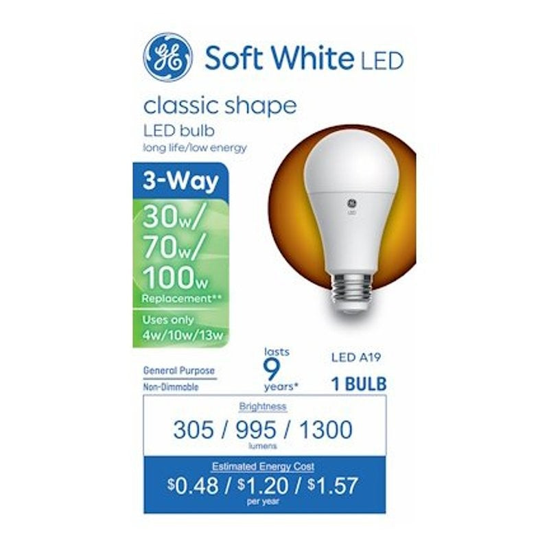 GE Basic Series 93131783 Light Bulb, Three-Way, A19 Lamp, 100 W Equivalent, DC Medium Lamp Base, Frosted, Soft White
