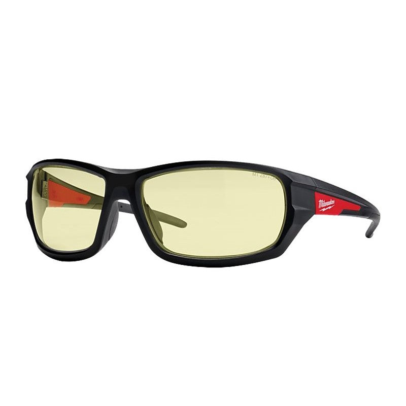 Milwaukee 48-73-2120 Safety Glasses, Black/Red Frame, Unisex, Anti-Scratch Lens, Polycarbonate Lens, Yellow Lens