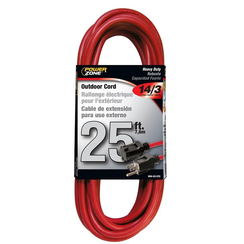 PowerZone OR514725/506725 Extension Cord, 14 AWG Cable, 25 ft L, 125 V, Red