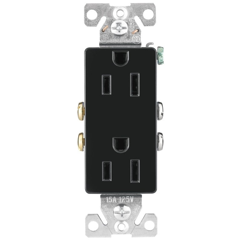 Eaton Wiring Devices 1107-9BK-BOX Duplex Receptacle, PVC, Black, 2-Pole, 15 A, 125 V, Back, Side Wiring, NEMA: 5-15R
