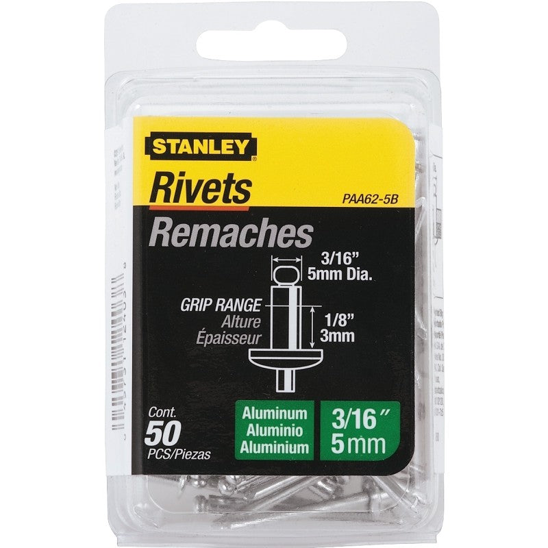 STANLEY PAA62-5B Pop Rivet, Reusable, 1/8 in Grip, 3/16, 1-1/2 in L, Aluminum, 50/PK