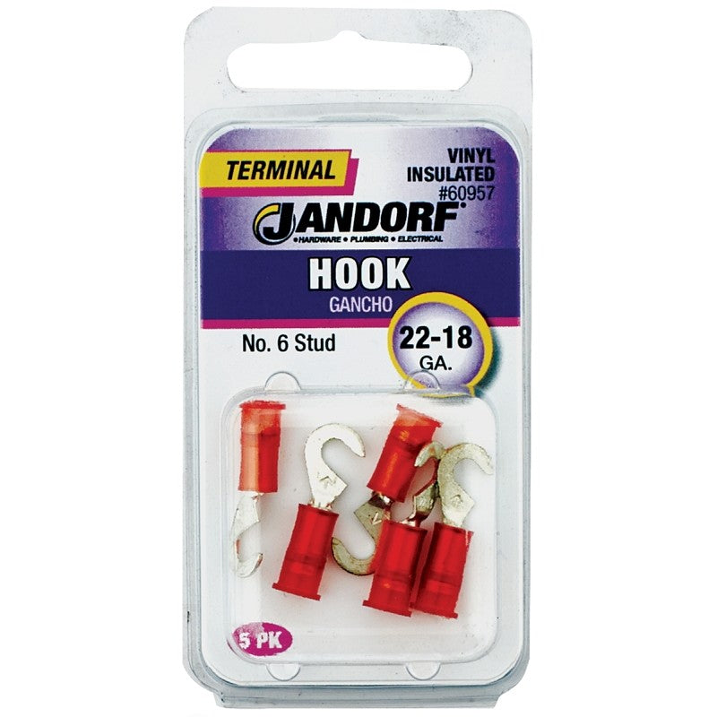 Jandorf 60957 Hook Terminal, 22 to 18 AWG Wire, #6 Stud, Vinyl Insulation, Red