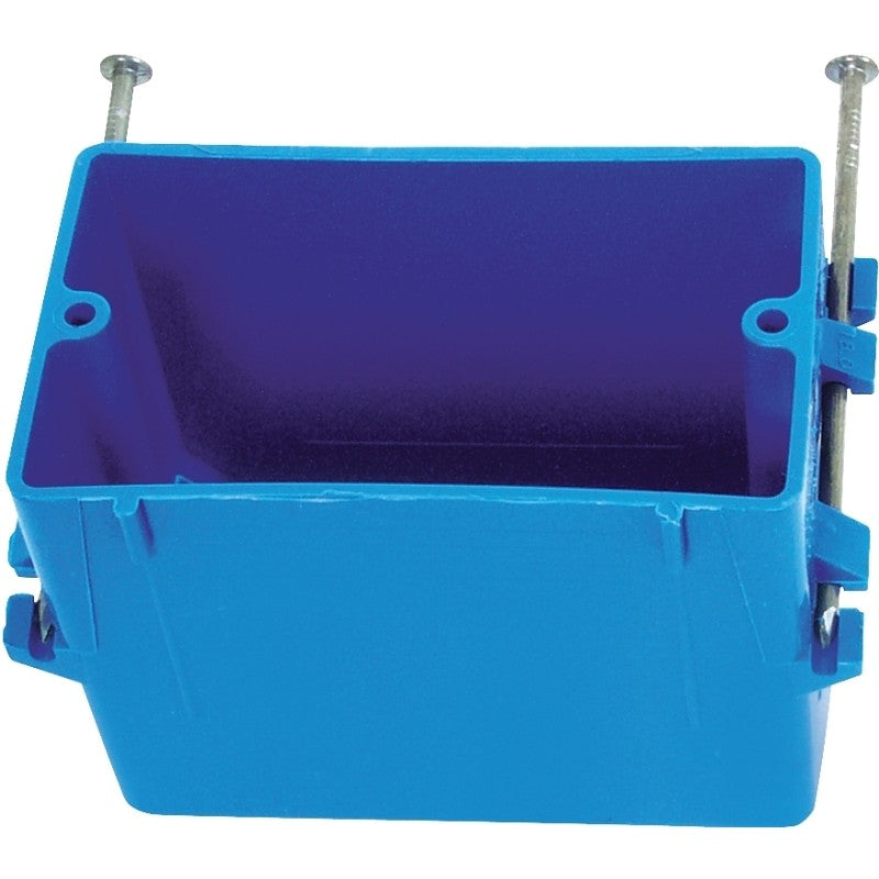 Carlon B118A Outlet Box, 18 cu-in, 1-Gang, 4-Knockout, PVC, Blue, Captive Nail