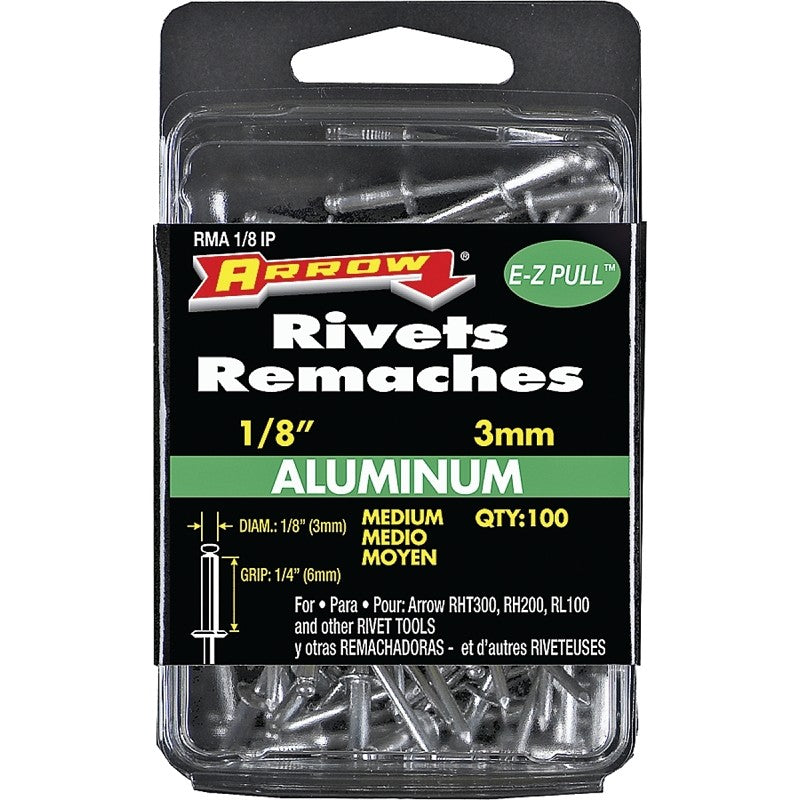 Arrow RMA1/8IP Pop Rivet, Medium, 1/4 in Grip, 1/4 in L, Aluminum, 100/PK