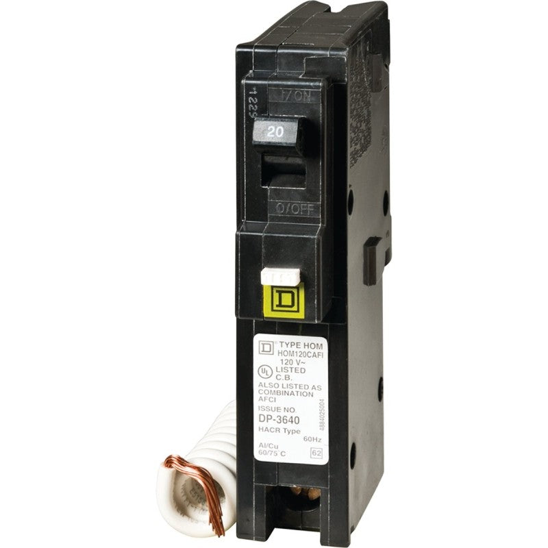Square D HOM120CAFIC Circuit Breaker, AFCI, Combination, 20 A, 1 -Pole, 120 V, Fixed Trip, Plug Mounting