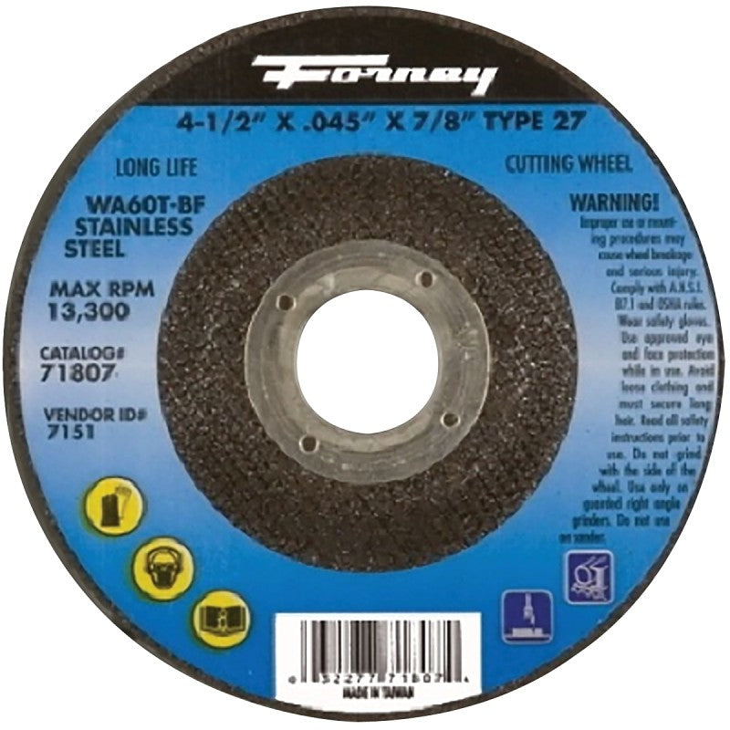 Forney 71807 Cut-Off Wheel, 4-1/2 in Dia, 0.045 in Thick, 7/8 in Arbor, 46 Grit, Aluminum Oxide Abrasive, Medium