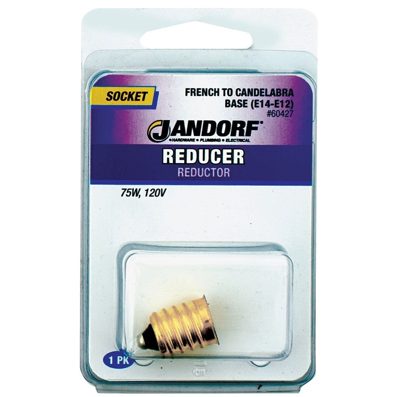 Jandorf 60427 Socket Reducer, E14 French to E12 Candelabra Base, 75 W, Brass, Gloss