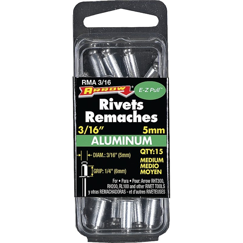 Arrow RMA3/16 Pop Rivet, Medium, 1/4 in Grip, 1/4 in L, Aluminum, 15/PK