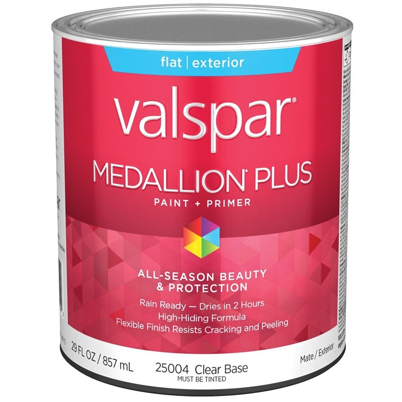 Valspar Medallion Plus 2500 028.0025004.005 Latex Paint, Acrylic Base, Flat Sheen, Clear Base, 1 qt, Plastic Can